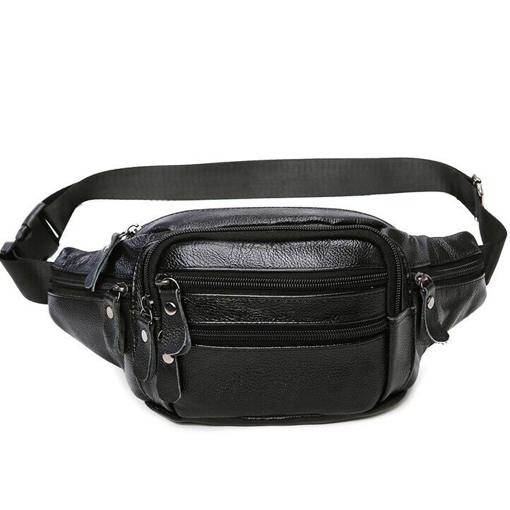 Cross-body Bag Genuine Leather Black Fanny Pack Men waist Bag Running
