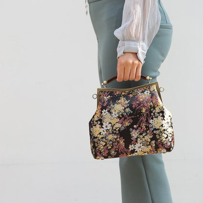 Vintage Flowers Shell Lock Bag Shoulder Crossbody Bag Handbags Purses Nylon 1 PC