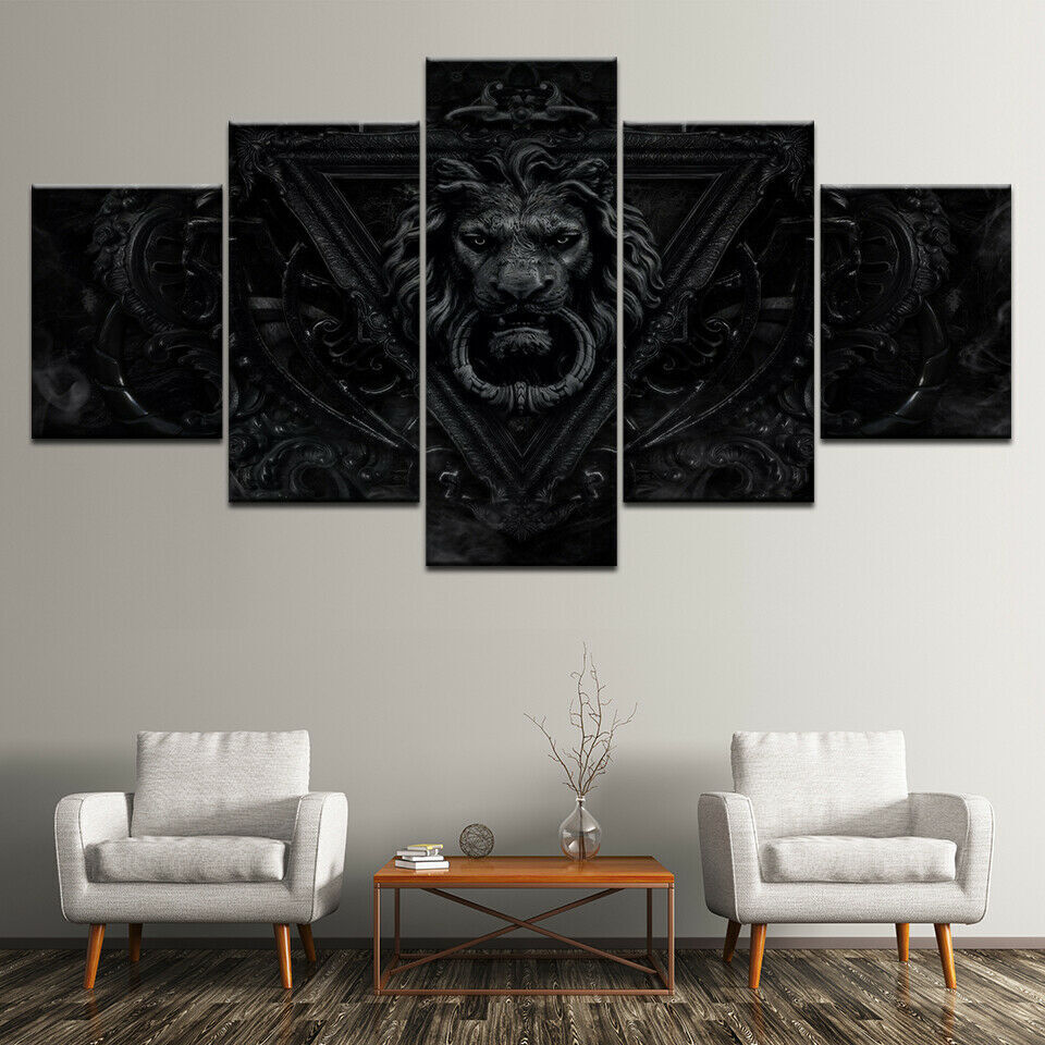 Lion Head iron Portrait Wall Art Painting Print On Canvas 5 Panels No Framed