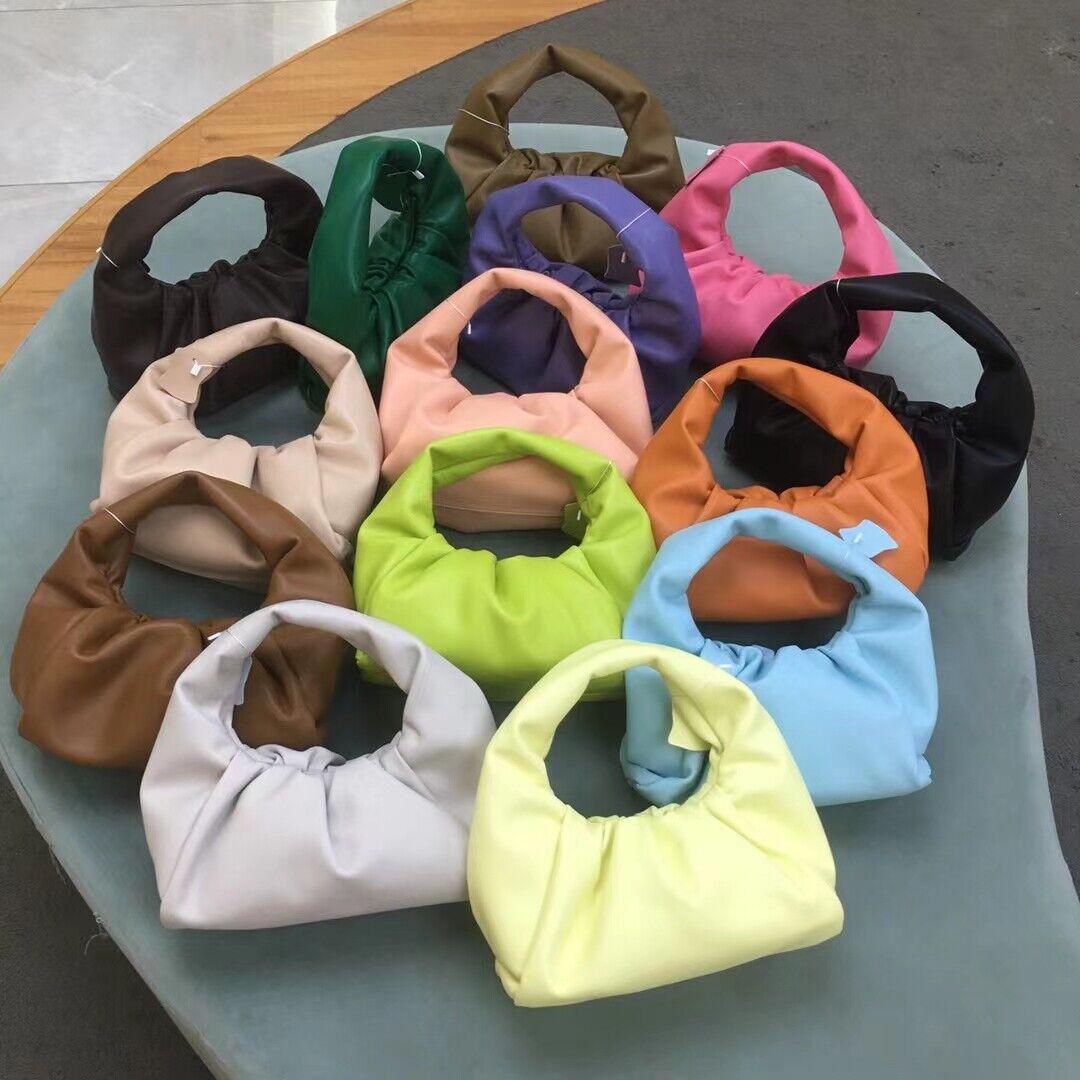 Small Mini Real Leather Ruched Tote Pouch bag Purse Clutch Clip on Top Handle