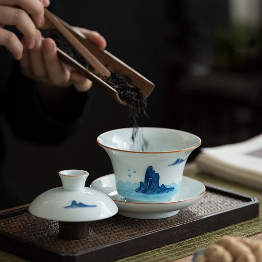 Ceramic Gaiwan Porcelain Tea Tureen Handpainted Mountain Chawan Puer Tea Maker