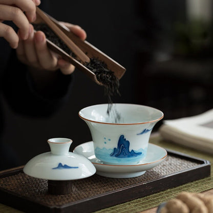 Ceramic Gaiwan Porcelain Tea Tureen Handpainted Mountain Chawan Puer Tea Maker