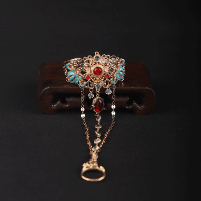 Dunhuang Style Gold Bracelet Ring Set Vintage Red Bead Tassel Hanfu Accessory