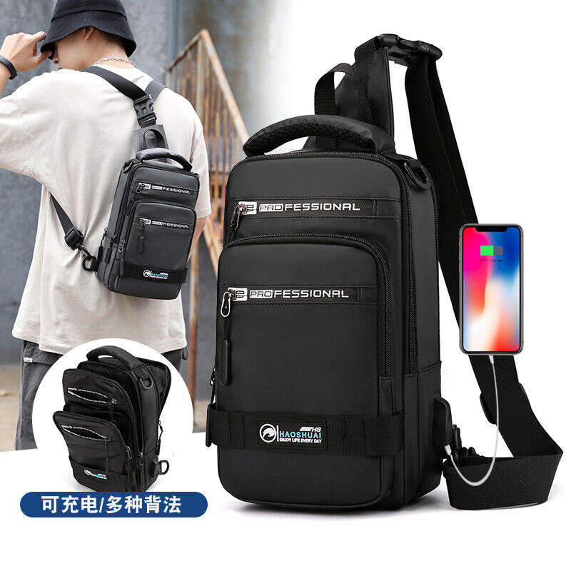 Fashion Nylon Backpack Men Cross body Chest Bags with USB Charging Port Rucksack