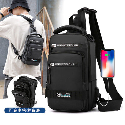 Fashion Nylon Backpack Men Cross body Chest Bags with USB Charging Port Rucksack