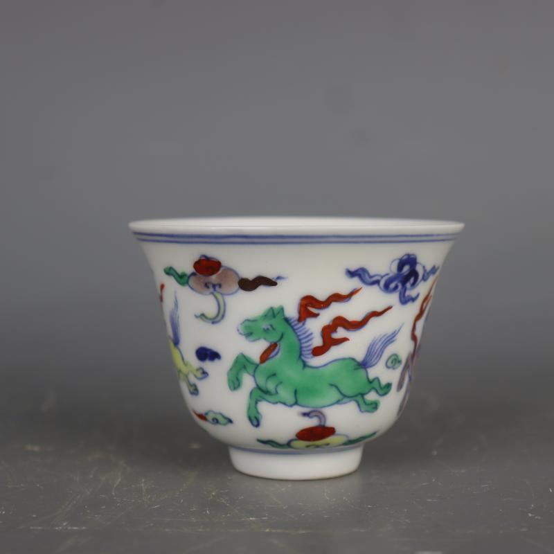 3.1" Ming Blue White Doucai Contrasting Colors Porcelain Animal Horse Cup