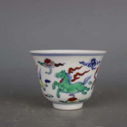 3.1" Ming Blue White Doucai Contrasting Colors Porcelain Animal Horse Cup