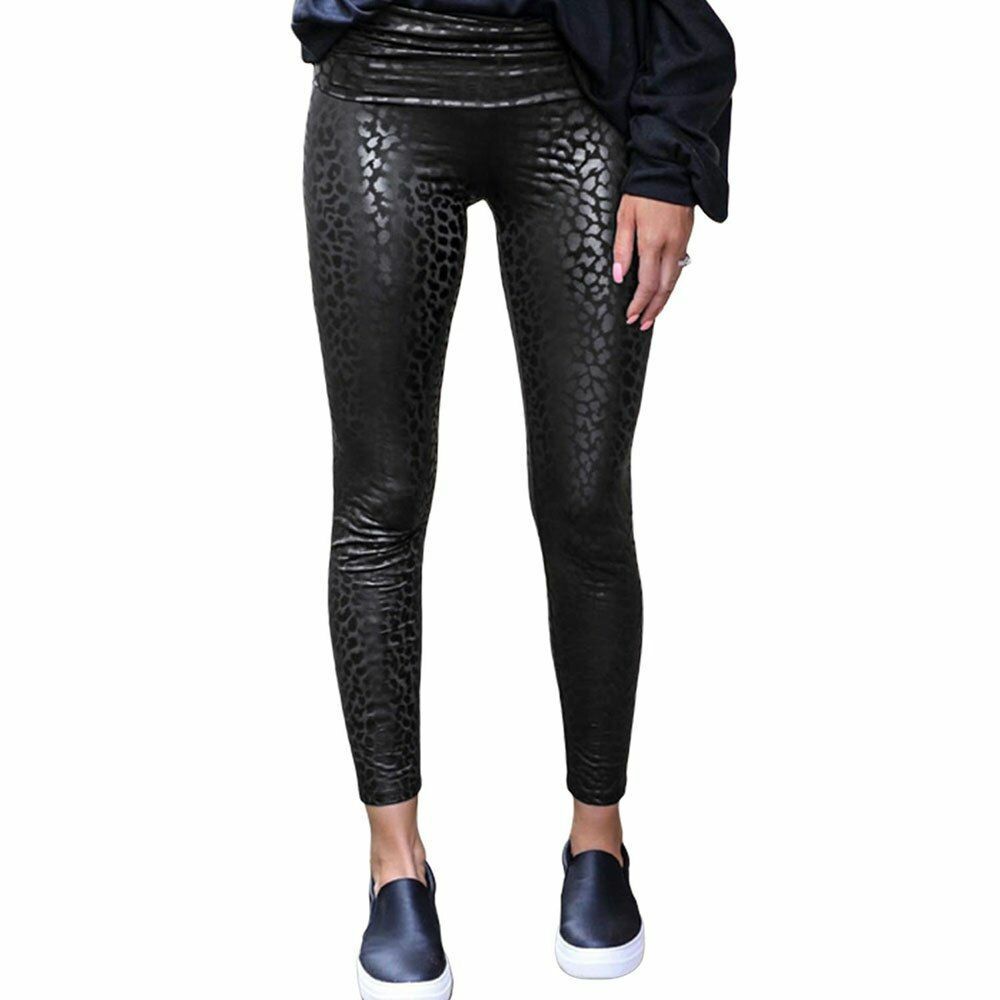 Women Leggings High Waist Black Leopard Textured Stretchy Faux Leather Pants S M