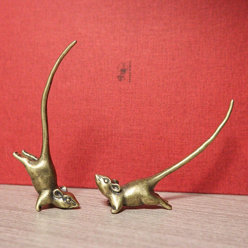 Pure Brass Long Tail Zodiac Mouse Statue Rat Tea Pet Miniature Ornament Vintage