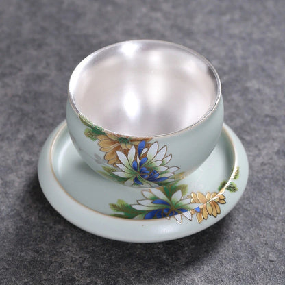 Health Care Pure Silver Inside Tea Cup Porcelain Ruyao Floral Tea Saucer Tea Set