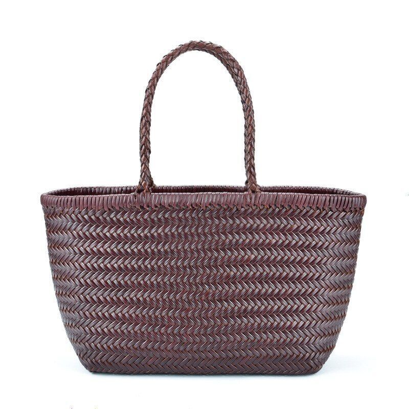 Genuine Leather Woven Shoulder Bag Casual Shopping Bag Vintage Tote Purse Brown