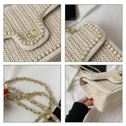 Women Bag Chain Straw Summer Pearl Hand Woven Straw Shoulder Bags Small Square