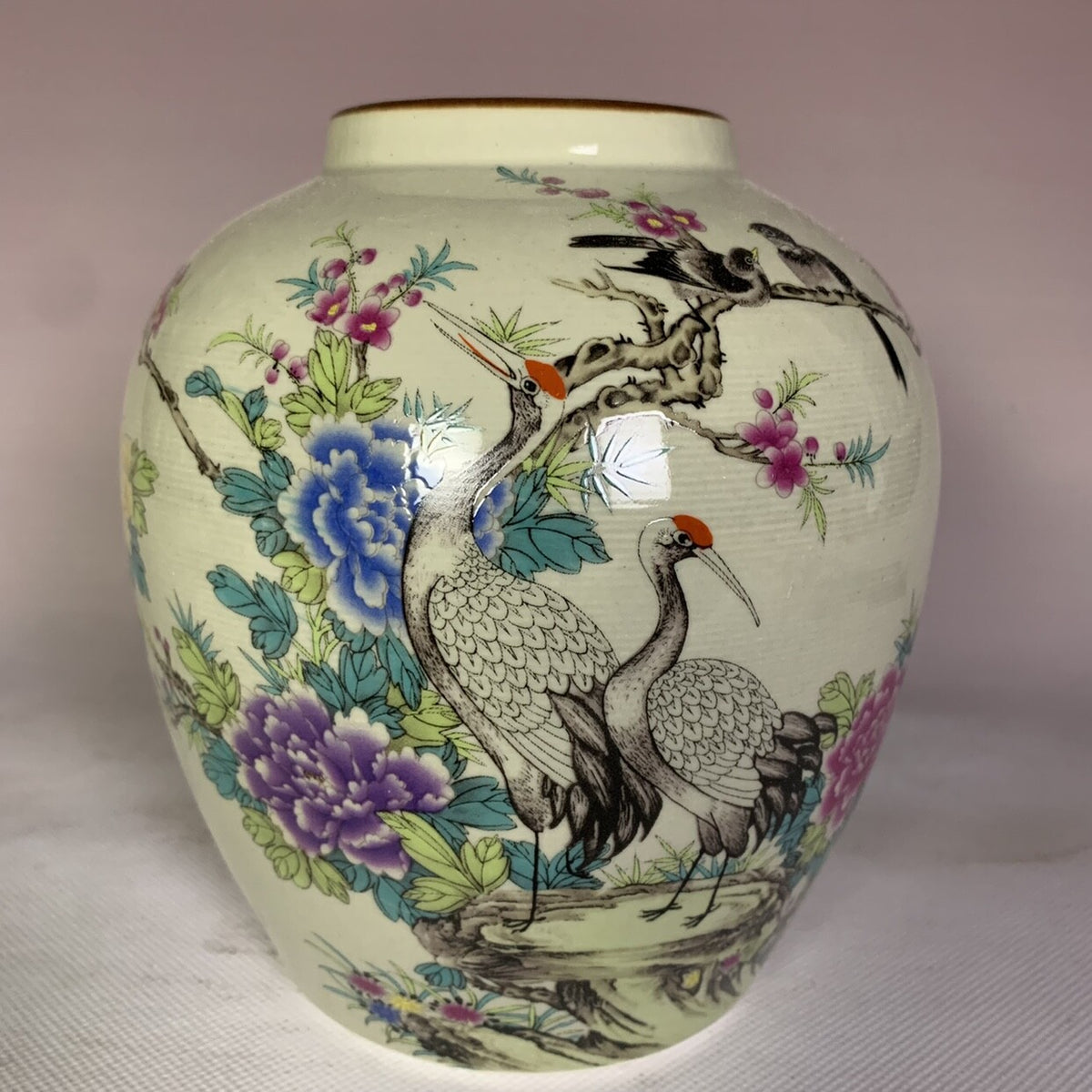 6.2 Inch Chinese Famille Rose Porcelain Jar Qing Guangxu Crane Peony Pattern Pot