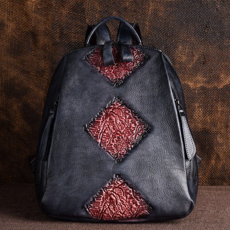 Travel Bag Vintage Rucksack Embossed Leisure Daypacks Genuine Leather Backpacks