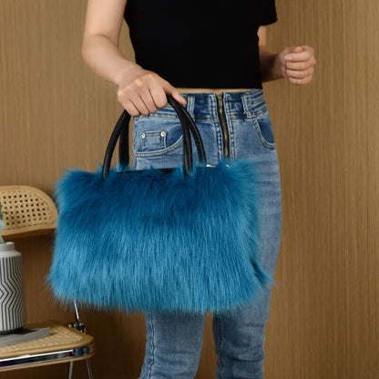 Winter Patchwork Leather Women's Ladies Long Plush Tote Bag