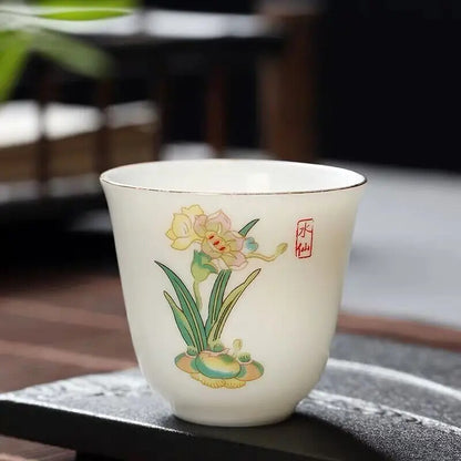 2.08" Chinese Ceramic Teacup Travel Meditation Hand Painted Lotus Leaf Tea Bowl