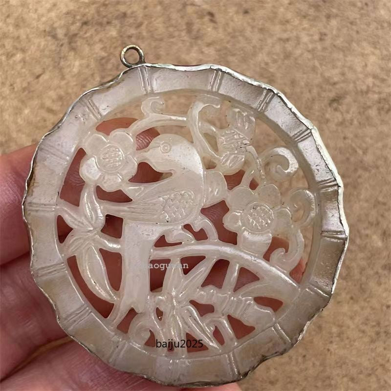 Chinese antique high-end jade carving with copper border necklace pendant
