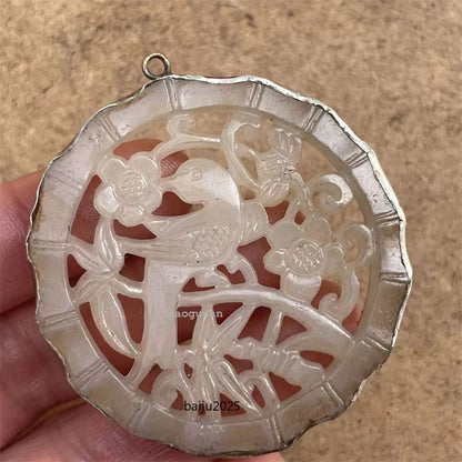 Chinese antique high-end jade carving with copper border necklace pendant