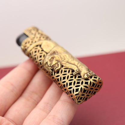 Vintage Brass Tiger Lighter Case Hollow Out Cover for 2*8cm Lighter