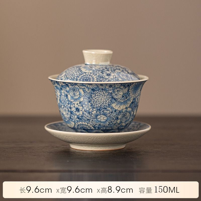 Ru Kiln Blue and White Covered Bowl San Cai Tea Bowl Ceramic Household Tea Set