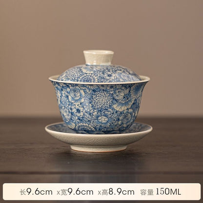 Ru Kiln Blue and White Covered Bowl San Cai Tea Bowl Ceramic Household Tea Set