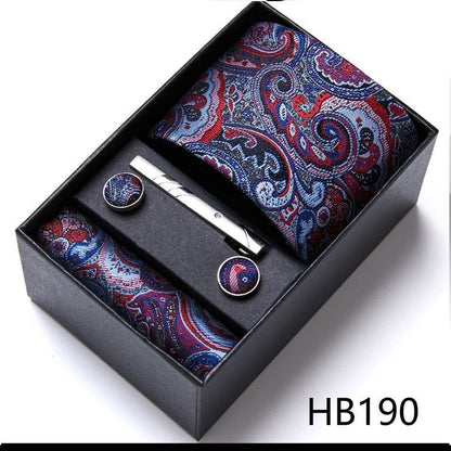 Men Neckties 5Pcs Business Ties Hanky Cufflink Set Clips Corbatas Gift Box 7.5cm