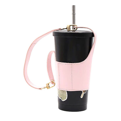Leather Cup Cover Pouch Portable Water Bottle Sleeve Bag Leather Carrying Strap