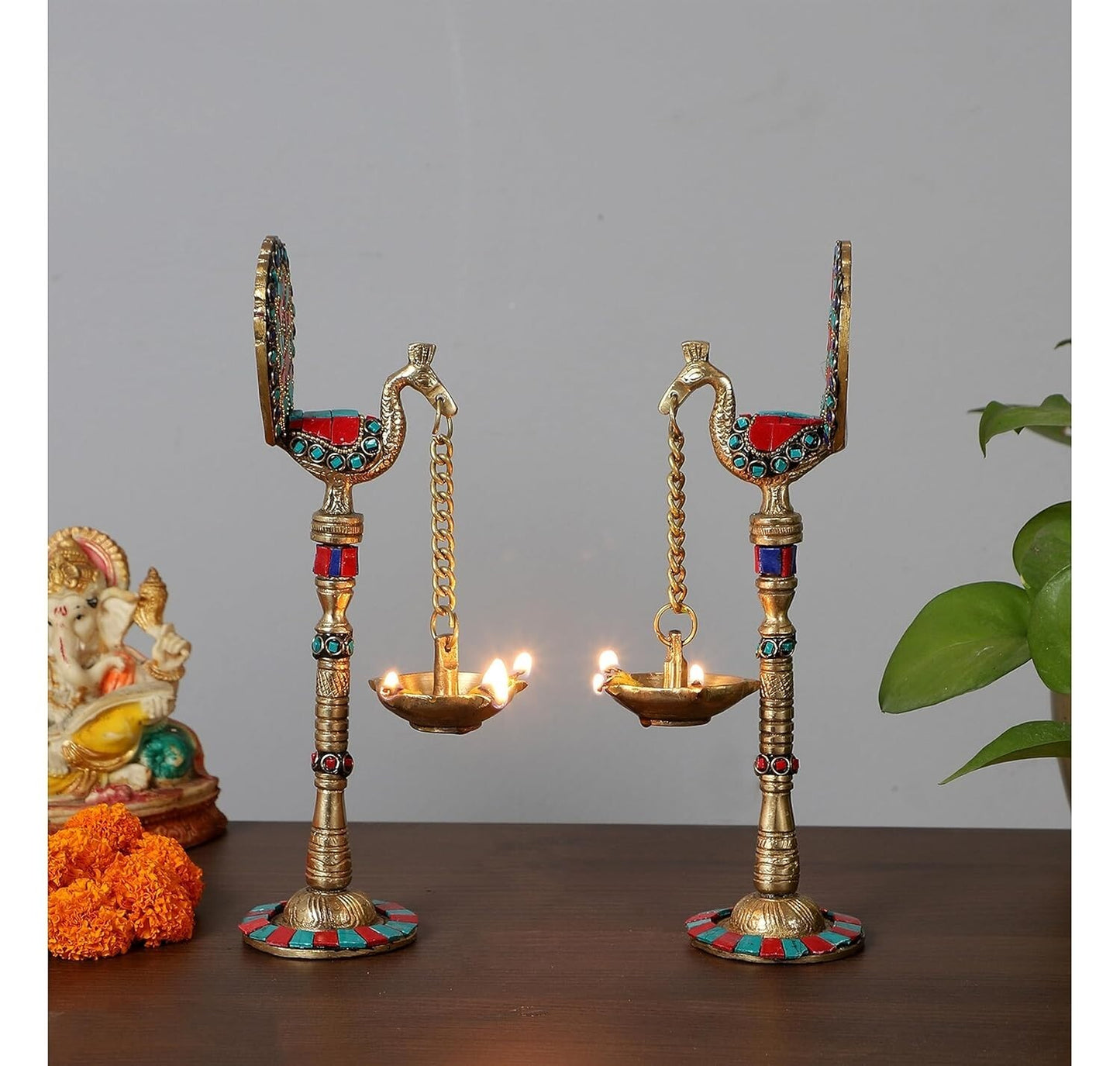 Brass Peacock Design Decorative Diya Lamps Home Decor Temple Figurine Idol 2 PC