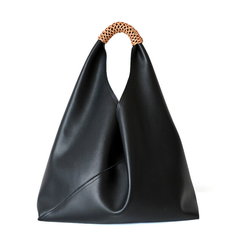 Raw Edge Leather Triangle Tote Hobo Shopper Shoulder Bag Sack Braided Handle