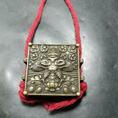 Vintage Tibetan Brass Gau Box Garuda Double Vajra Amulet 5.8×2.2cm