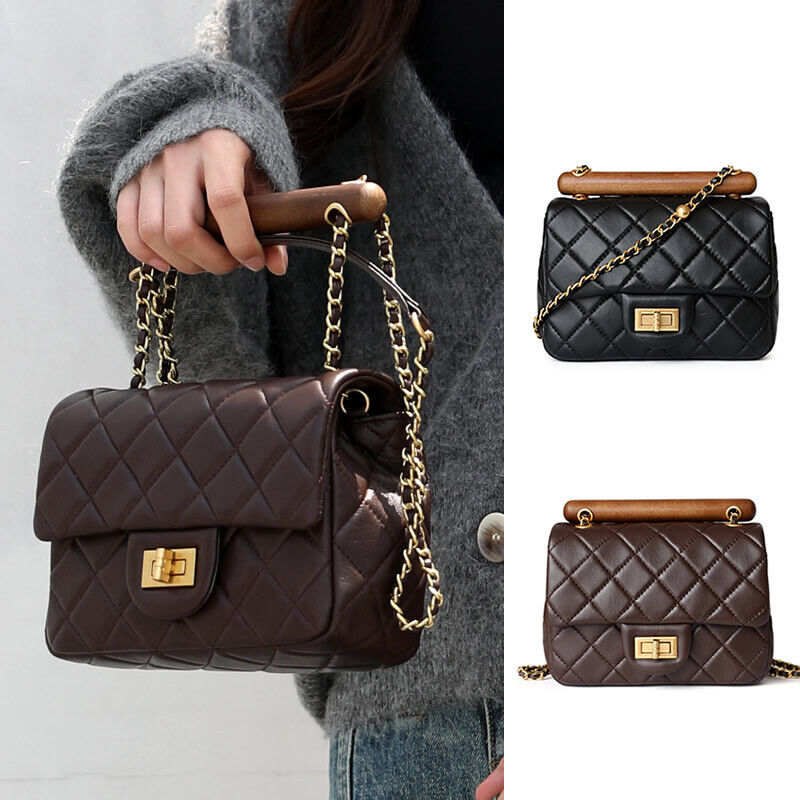 Small Mini Quilted Lambskin Leather Wood Handle Bag Flap Shoulder Purse w/ Chain