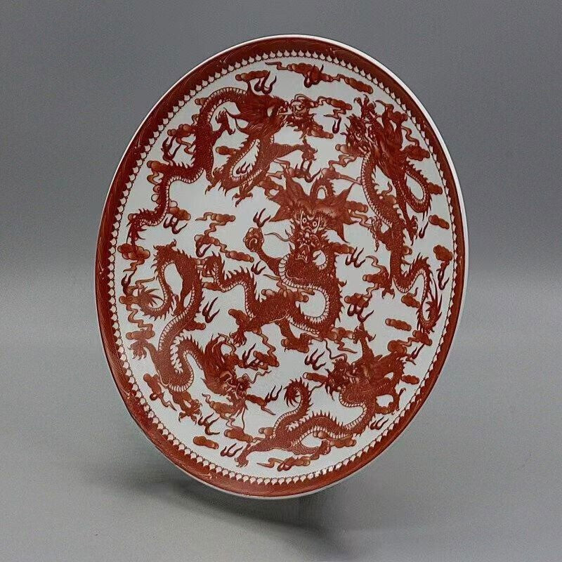 26cm Porcelain Red Glaze Five Dragon Pattern Plate Exquisite Chinese