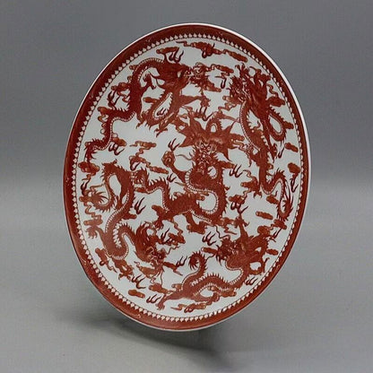 26cm Porcelain Red Glaze Five Dragon Pattern Plate Exquisite Chinese