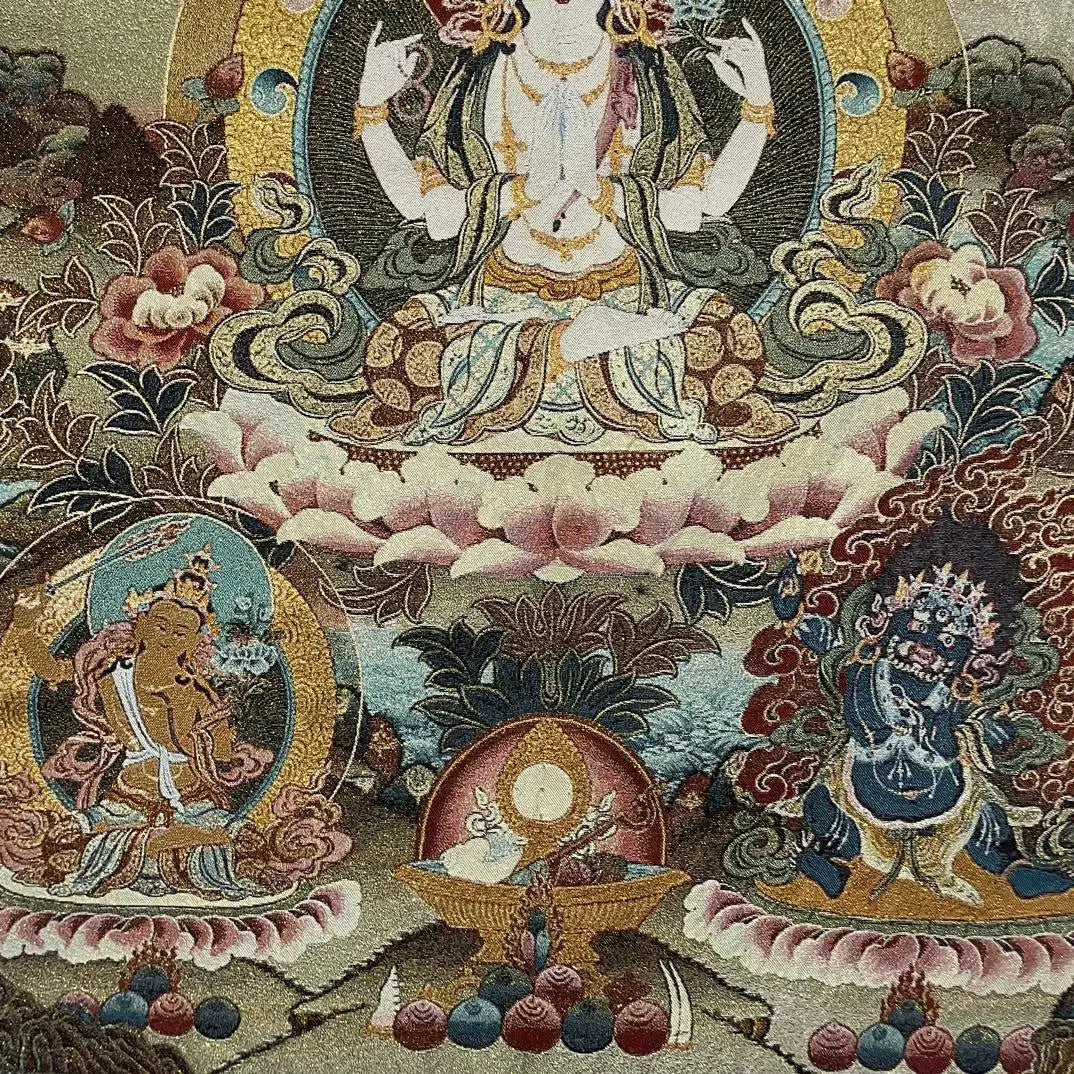 35" Tibetan Buddhism Embroidery Four Arm Guanyin Buddha Thangka Wall hanging