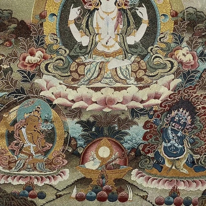 35" Tibetan Buddhism Embroidery Four Arm Guanyin Buddha Thangka Wall hanging