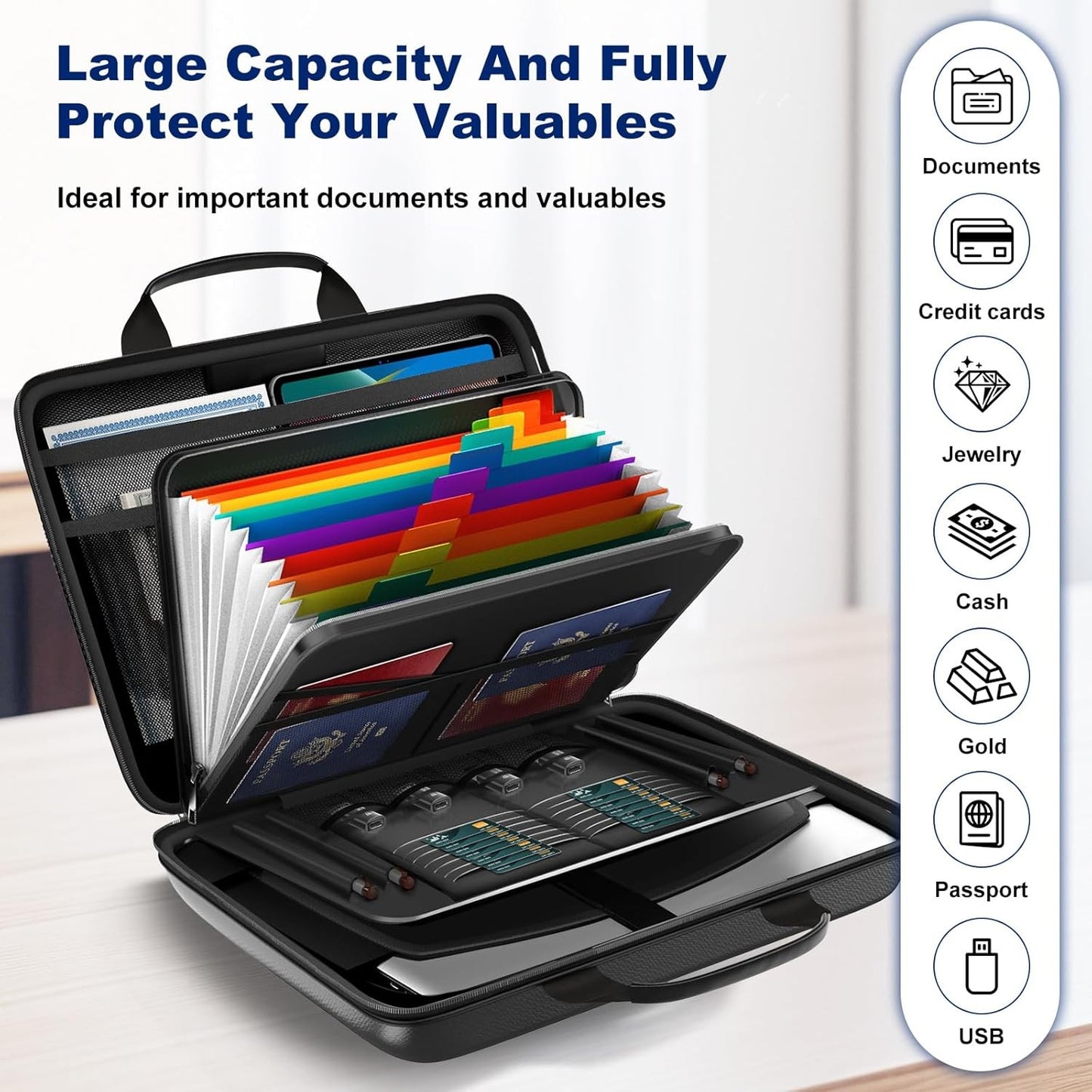 Fireproof Document Box Hard Case Fireproof File Organizer with Lock 13 Pocket