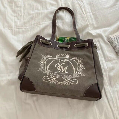 New Trendy Vintage Shoulder Bag For Women Embroidery Letters Heart Canvas Gift