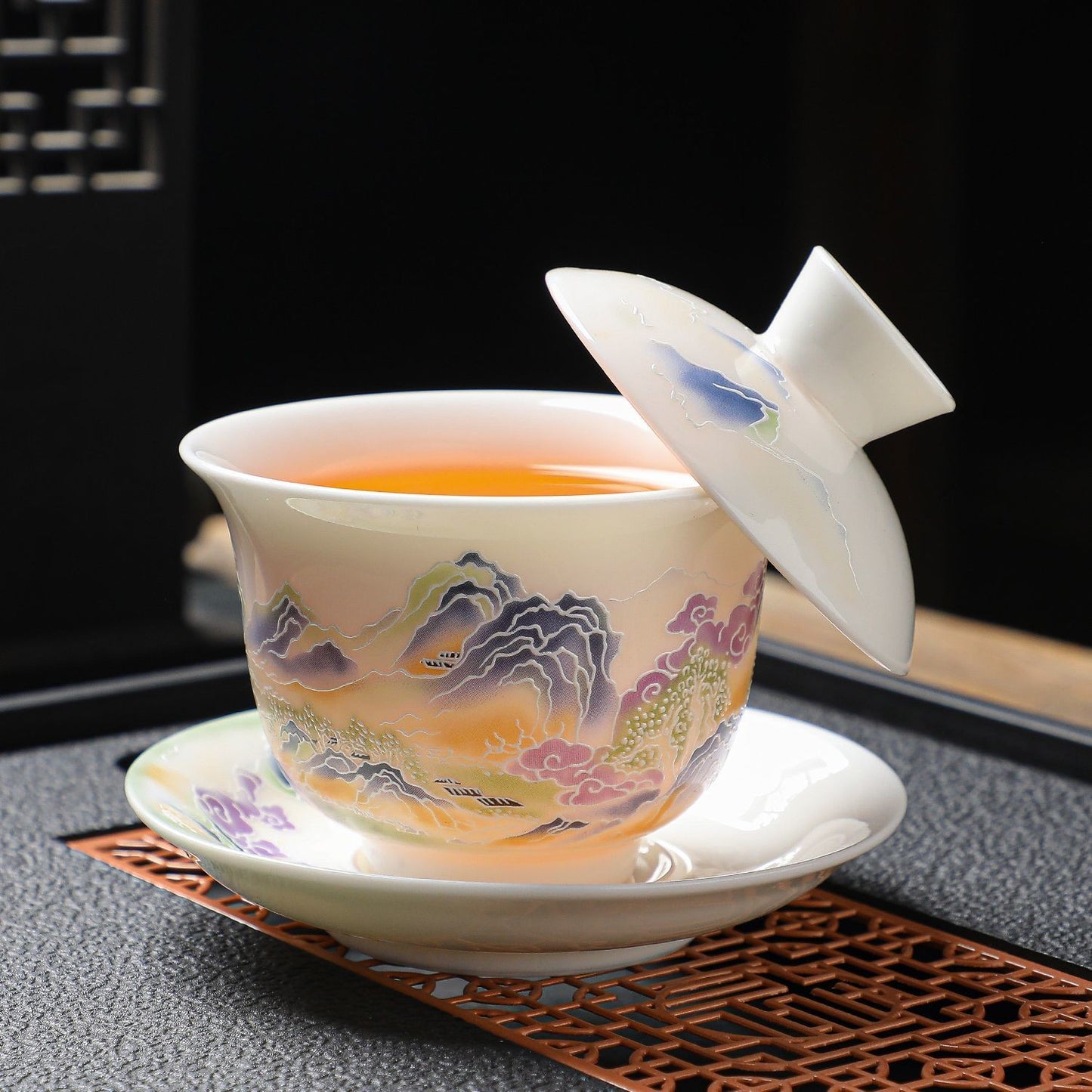 San Cai Gaiwan Tea Bowls and Cups Mutton-fat Jade Ceramics Tea Set Household