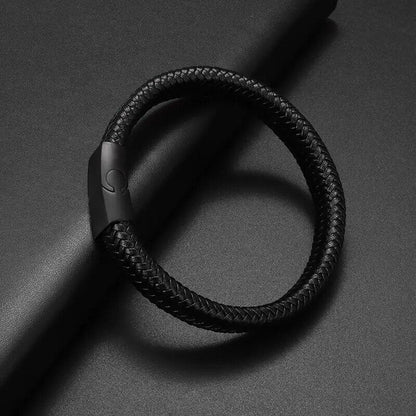 Black Bracelet Men's Braided Leather Bangle Stainless Steel Cuff Wristband