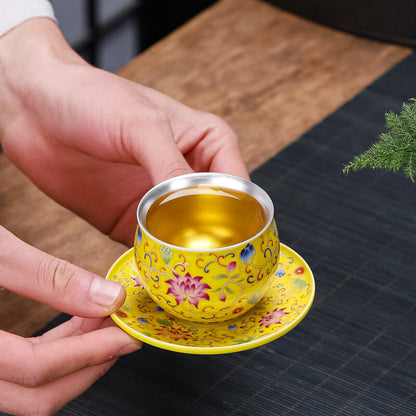 Color Enamel Craft Porcelain Pure Silver Tea Cup With Saucer On Sales 80ml New