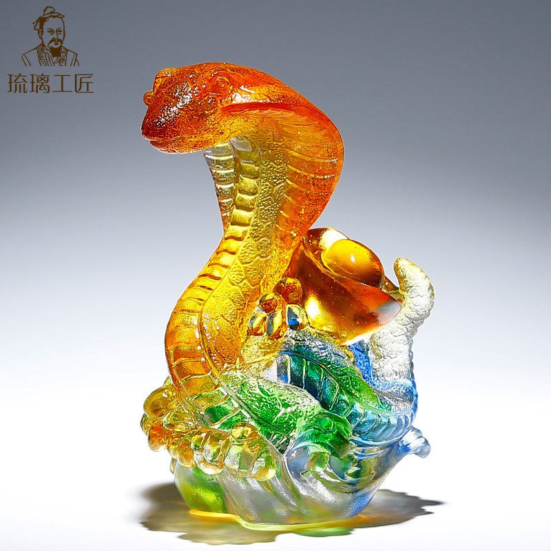 Real Chinese Liu Li Crystal Cobra Snake Statue Amulet Feng Shui Home Decor