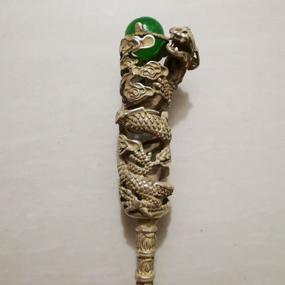 Antique Silver Plated Dragon Hairpin with Green Gemstone Chinese Hair Stick