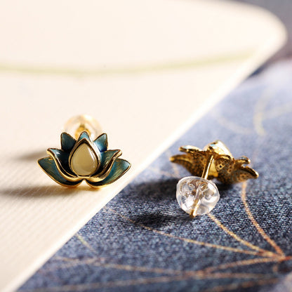 Real 925 Sterling Silver Stud Women Natural Jade Enamel Lotus Flower Earrings