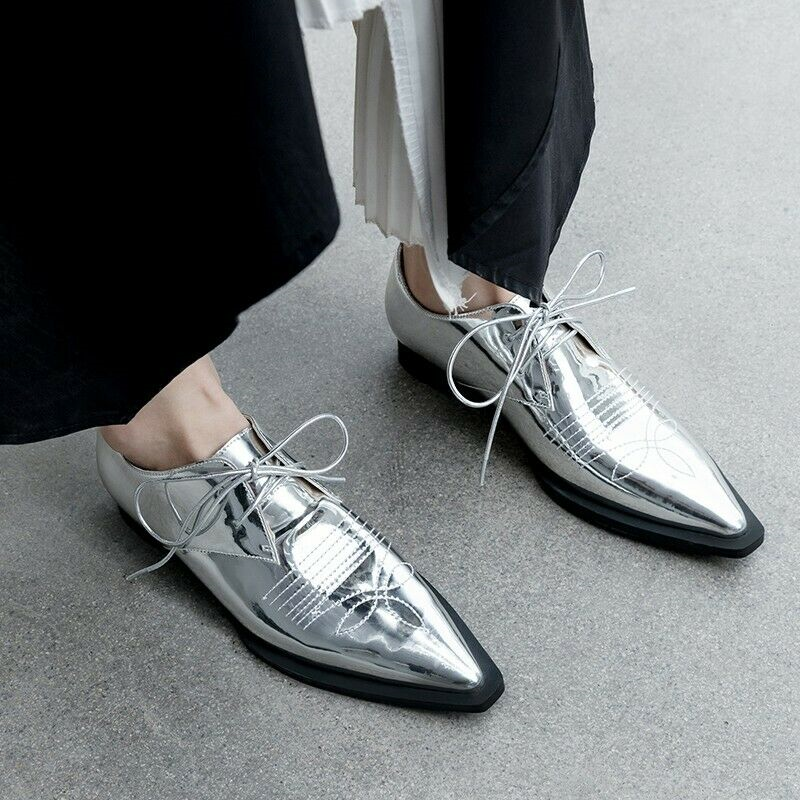 New Womens Brogues Pointy Toe Lace Up Flat Heel Casual Pumps Shoes Retro 34-40