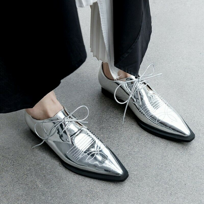 New Womens Brogues Pointy Toe Lace Up Flat Heel Casual Pumps Shoes Retro 34-40