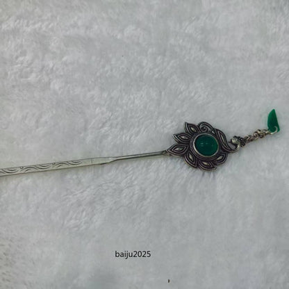 Green Jade Inlaid Old Tibetan Silver Hairpin,Chinese Old Craft Made A