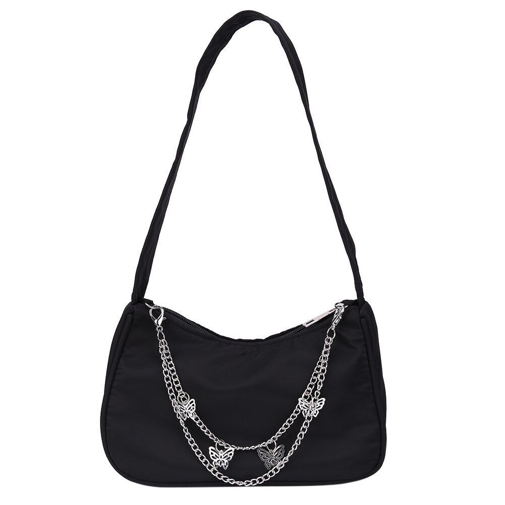 Women Small Shoulder Underarm Bag Leather Nylon Vintage Chain Zipper Handbags