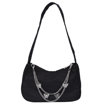 Women Small Shoulder Underarm Bag Leather Nylon Vintage Chain Zipper Handbags