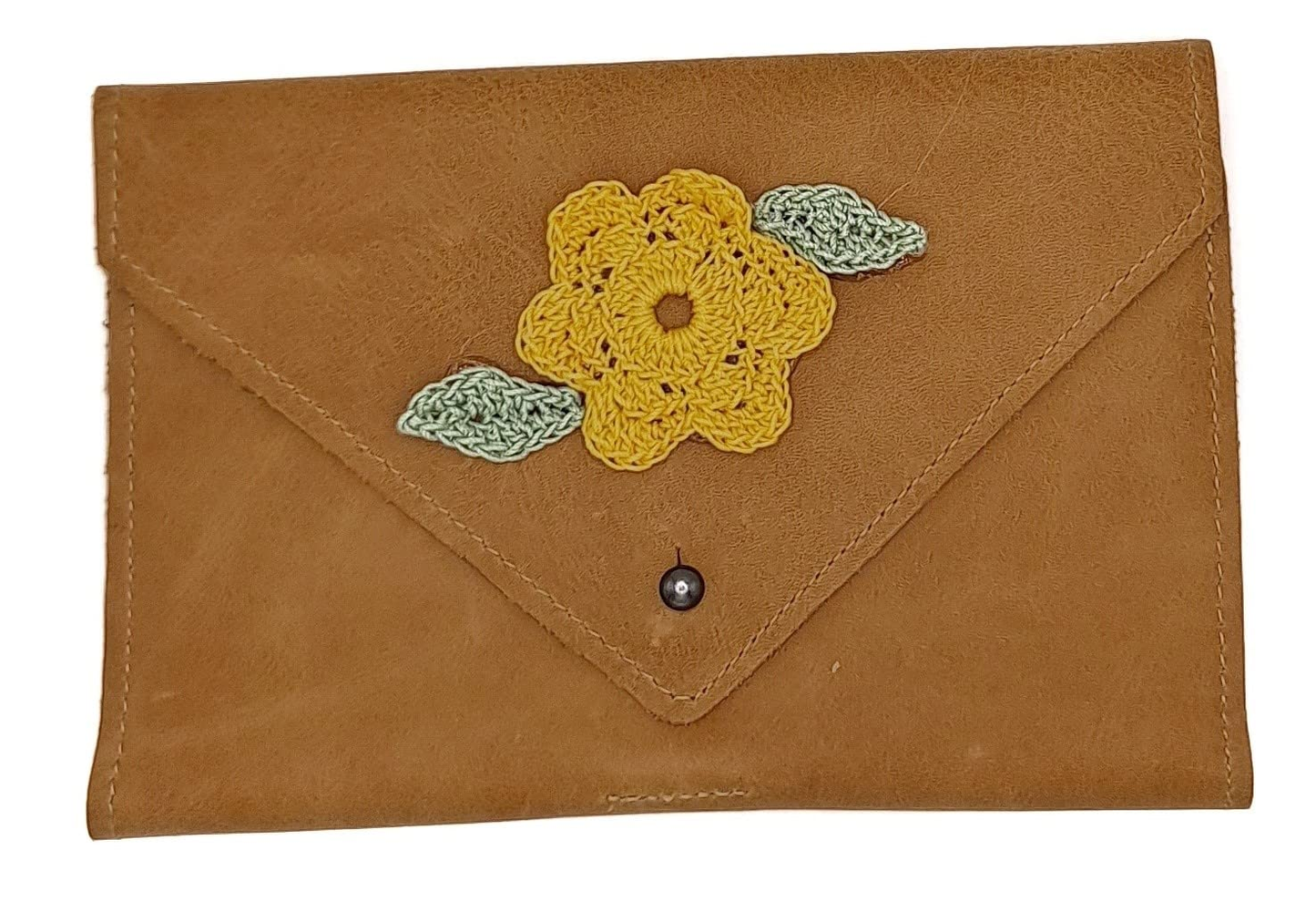 Handmade Leather Women's Clutch Wallet Purse Smooth Leather Yellow Flower Gift