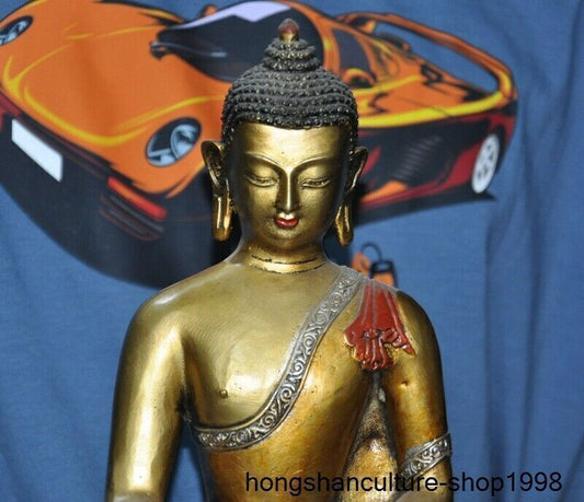 11" Tibetan Temple Bronze Gilt Silver Painted Sakyamuni Medicine Buddha Statue